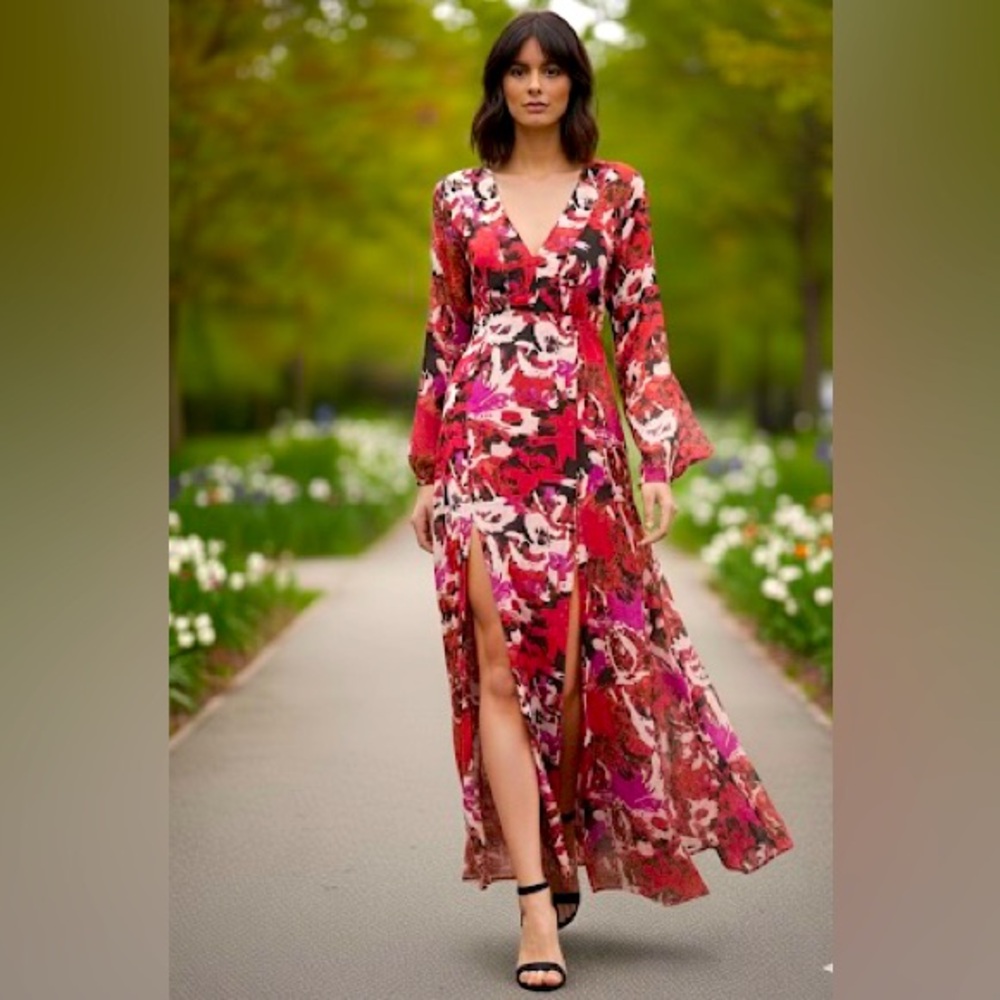 Leith Long Sleeve Floral Maxi Dress Pink and Red Pattern (NWT)